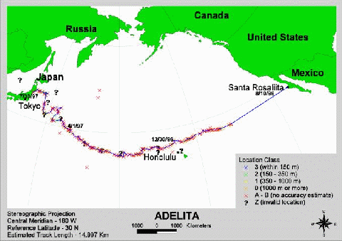 Adelita's entire track up to July 31, 1997, approximately 14,997 km (113K JPEG)