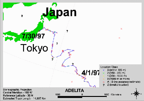 Close-up of Adelita's last position reports (37K JPEG)