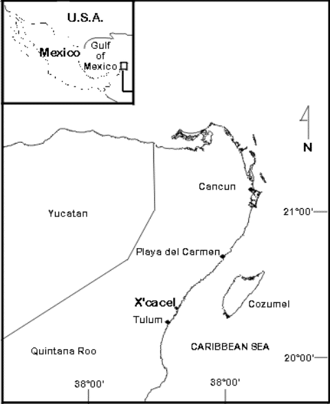 Map showing the location of X'cacel